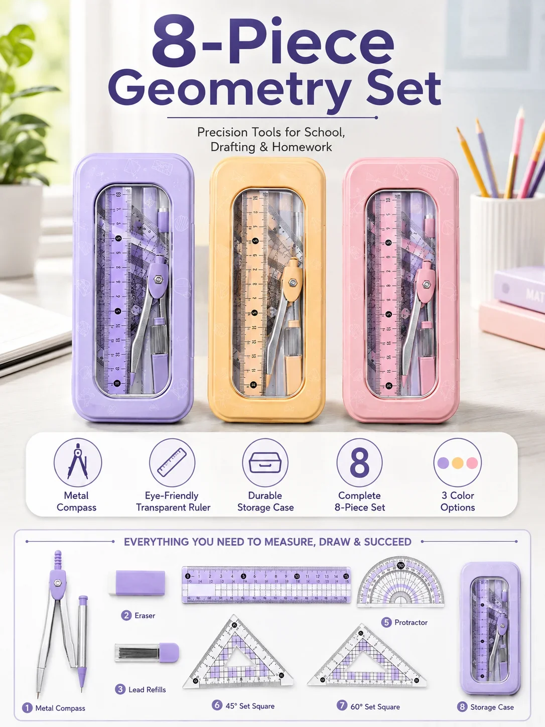 8-Piece Math Geometry Set for  - огляд і ціна Compass Geometry Set